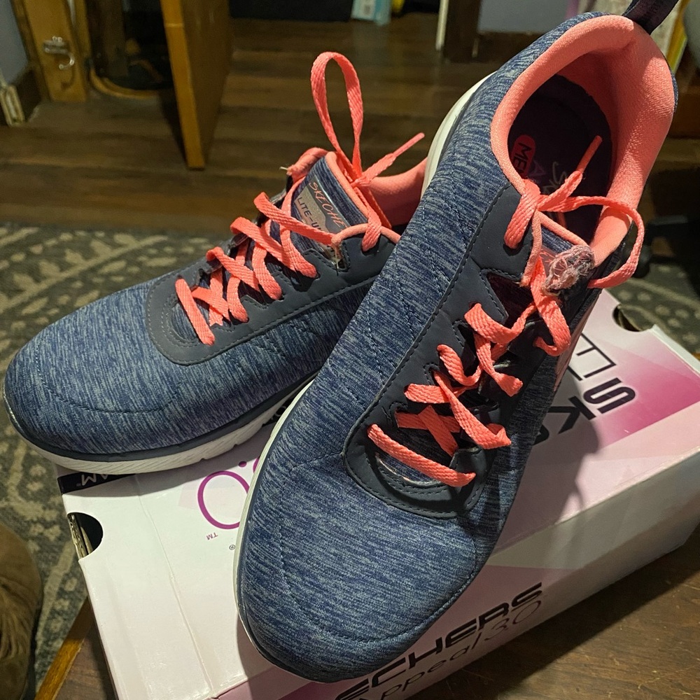 Skechers Women's Navy Heather Athletic Sneakers with Coral Accents